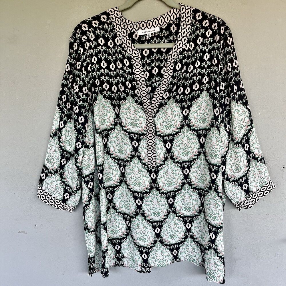Rose + Olive Blouse 3x Black Green Floral Split Neck Boho Peasant Popover Top